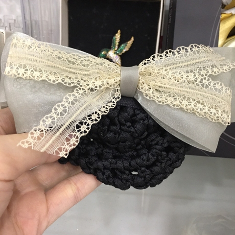 Kẹp Bối, Búi Lưới HimHip Phối Viền Vải Ren Nơ Xanh Thanh Lịch