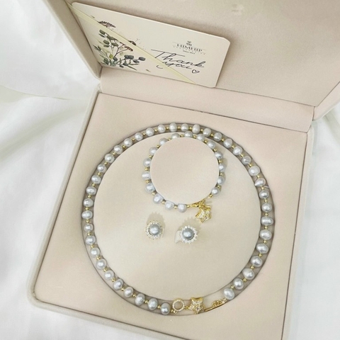 [Thiết Kế] Set Trang Sức HimHip Ngọc Trai Thật Vòng Cổ, Vòng Tay, Khuyên Tai Mix Mặt Ngôi Sao Sang Trọng Kèm Hộp Nhung