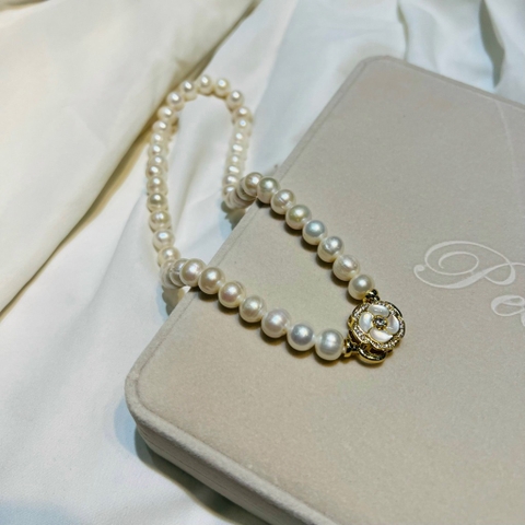 [Thiết Kế] Vòng Cổ Ngọc Trai Thật 9Li Mix Khóa Hoa Sang Trọng 42cm - Trắng