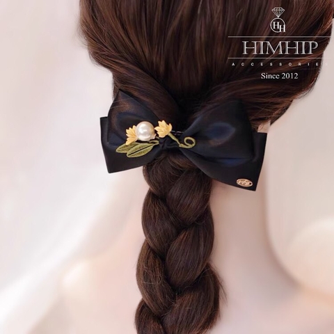Kẹp Bối, Búi Lưới HimHip Mix Hạt Giả Trai Nơ Đen Phối Hoa Lá Thanh Lịch 8x14cm