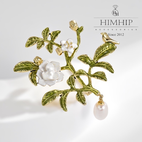Trâm, Ghim Cài Áo HimHip Cành Hoa Ngọc Anh Thanh Lịch HKCC Mix Ngọc Trai Thả 4,7*5,7cm