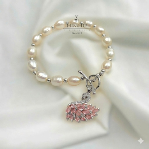 Vòng Tay HimHip Trai Thật 7Li Mặt Khóa Thiên Nga Phale Hồng Ngọc Sang Trọng 17cm