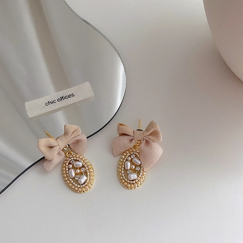 Khuyên Tai Ngắn HimHip Mặt Oval Đá Thắt Nơ Sang Trọng HKCC Mix Ngọc Trai 2x3cm