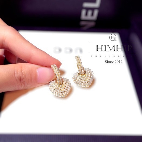 Khuyên Tai Ngắn HimHip Trái Tim Đáng Yêu HKCC Mix Ngọc Trai Nhỏ 1.7x2.5cm