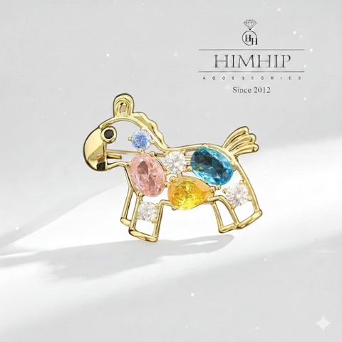 Trâm, Ghim Cài Áo HimHip Ngựa Tết Đính Hạt Phale Sắc Màu 3.5*2.8cm
