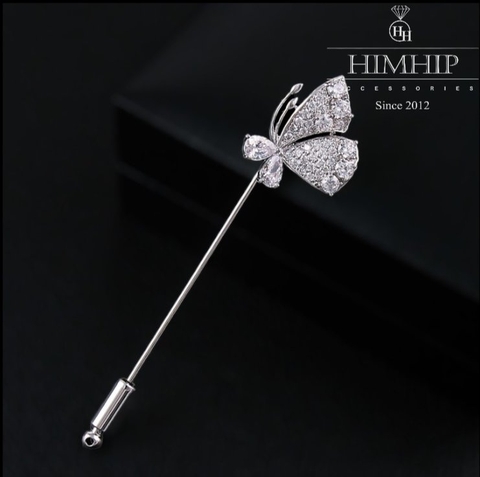 Trâm, Ghim Cài Xiên Hình Cánh Bướm Thanh Lịch HKCC Đính Đá Phale 8x2cm - Trắng