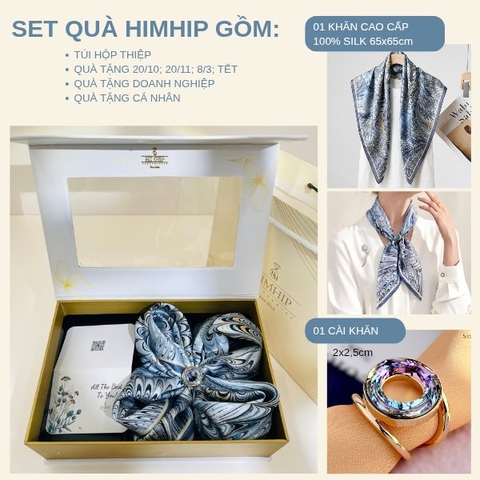 Set Quà HimHip Khăn Lụa Cao Cấp 65x65cm & Cài Khăn Kèm Túi Hộp Thiệp - 1330