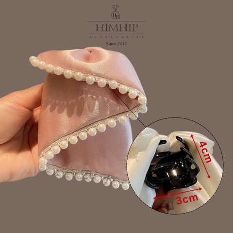 Kẹp Càng Cua HimHip Composite Mix Viền Hạt Giả Trai Thắt Nơ Vải Sang Trọng 6 Răng 3x4cm