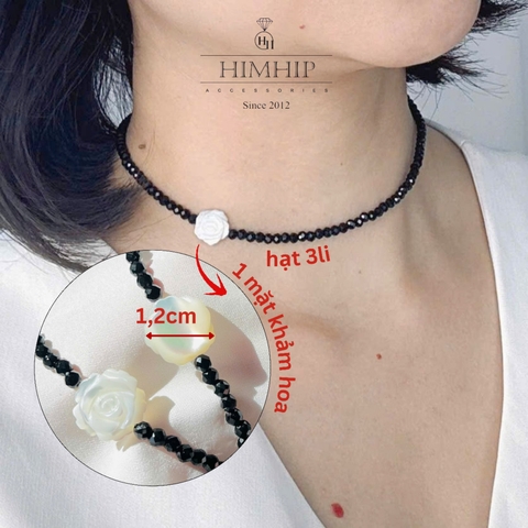 Choker HimHip Phale Đen 3ly Phối Mặt Hoa Hồng Khảm Trai Sang Trọng 32+7cm HPBD
