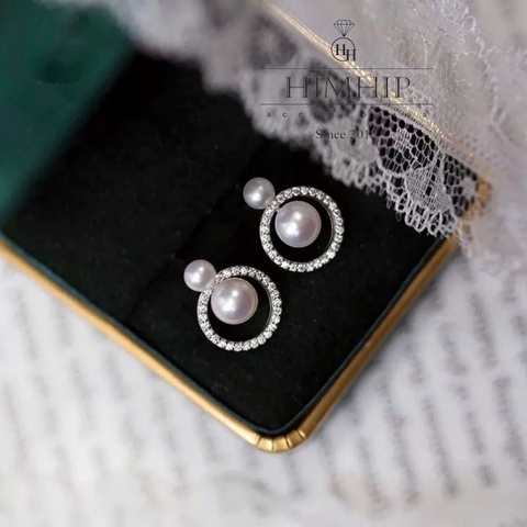 Khuyên Tai Ngắn HimHip HKCC Vòng Phale Phối 2 Hạt Trai Thật 1.5x1.8cm