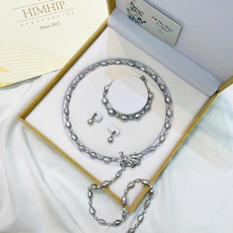Set Trang Sức HimHip Vòng Cổ Trai Dị Khóa Nơ 82~83cm, Vòng Tay Trai Dị 16.5+4cm, Khuyên Tai Sang Trọng Kèm Hộp Nhung