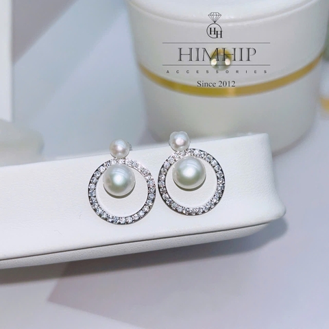 Khuyên Tai Ngắn HimHip HKCC Vòng Phale Phối 2 Hạt Trai Thật 1.5x1.8cm