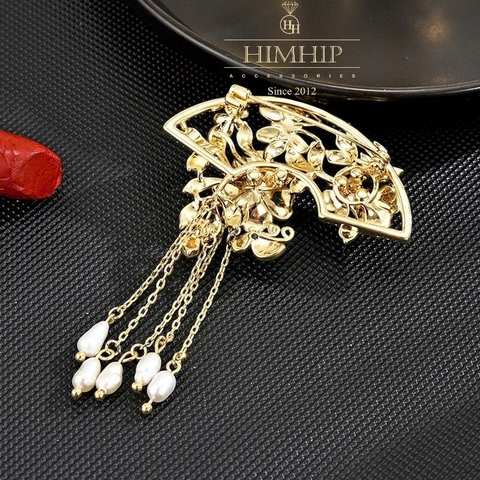 Trâm, Ghim Cài Áo HimHip HKCC Hoa Trà Xếp Quạt Phối Hạt Trai Thật 5*7cm