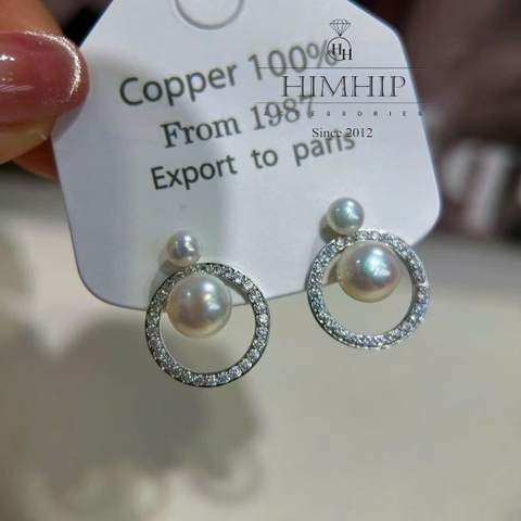 Khuyên Tai Ngắn HimHip HKCC Vòng Phale Phối 2 Hạt Trai Thật 1.5x1.8cm