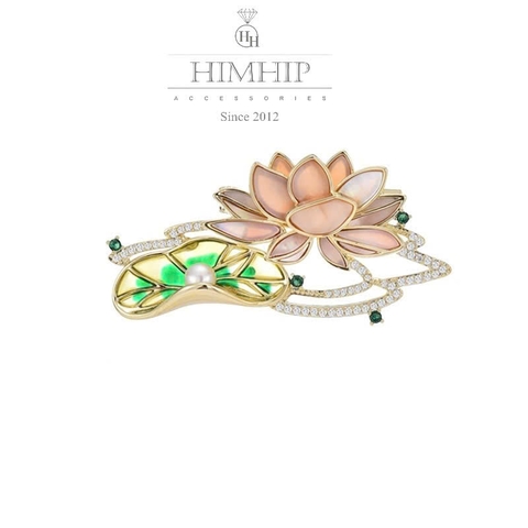 Trâm, Ghim Cài HimHip HKCC Sen Hồng Khảm Trai Đính Hạt Sương Trai Thật 5.5*2.2cm