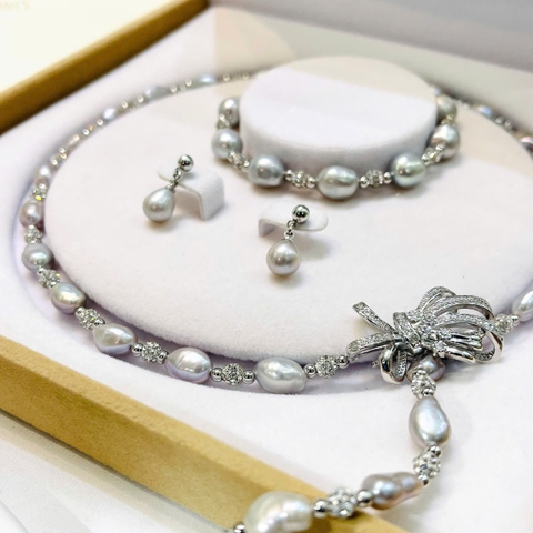 Set Trang Sức HimHip Vòng Cổ Trai Dị Khóa Nơ 82~83cm, Vòng Tay Trai Dị 16.5+4cm, Khuyên Tai Sang Trọng Kèm Hộp Nhung