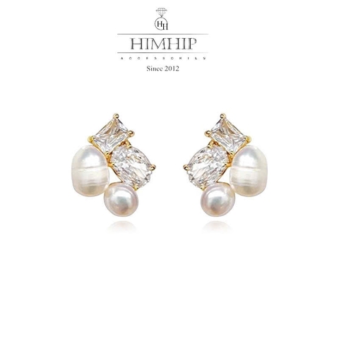 Khuyên Tai Nụ HimHip Mặt Vuông Viền Vàng Sang Trọng HKCC Đính Phale, Trai Thật 1cm