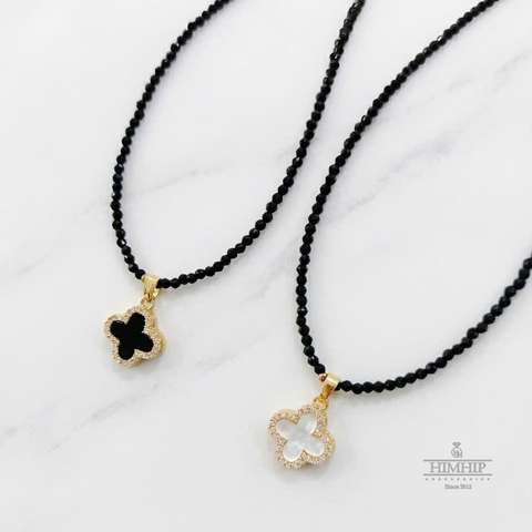 Set Trang Sức HimHip Vòng Cổ & Khuyên Tai Đá Đen Cỏ 4 Lá May Mắn Kèm Hộp - 111