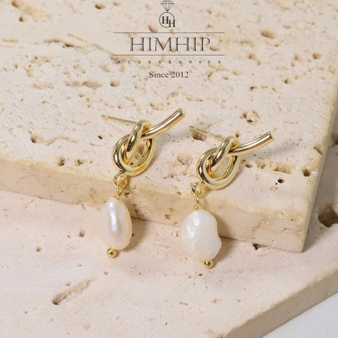 Khuyên Tai Ngắn HimHip Xoắn Vòng Vàng Sang Trọng HKCC Phối Hạt Trai Thật 3.2cm