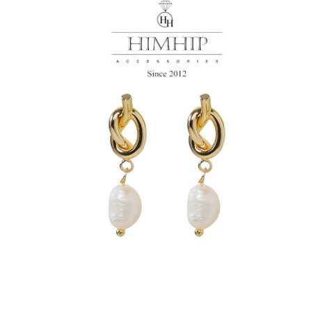 Khuyên Tai Ngắn HimHip Xoắn Vòng Vàng Sang Trọng HKCC Phối Hạt Trai Thật 3.2cm