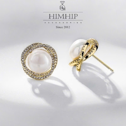 Khuyên Tai Nụ HimHip Nụ Trai Viền Xoắn Vàng Thanh Lịch HKCC Đính Phale, Ngọc Trai 1cm Phụ Kiện Áo Dài