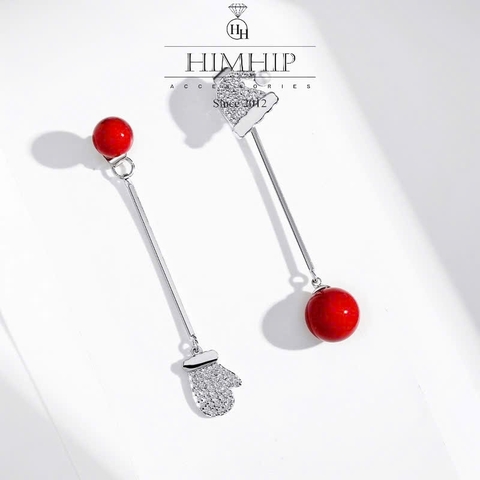 [Noel] Khuyên Tai Dài Himhip Set Mũ Găng Tay Đáng Yêu HKCC Đính Phale, Hạt Giả Trai Đỏ 4x0.8cm