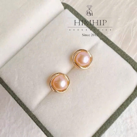 Khuyên Tai Nụ HimHip HKCC Nụ Trai Thật Ánh Hồng Phối Viền Hoa 0.8cm