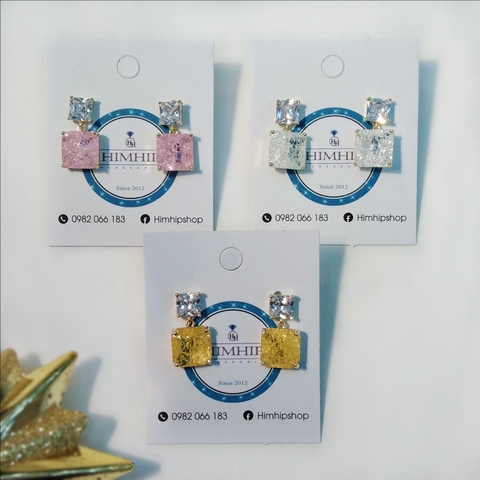 Khuyên Tai Ngắn HimHip Mặt Vuông Nhiều Màu Sang Trọng HKCC Đính Phale 1x1.9cm