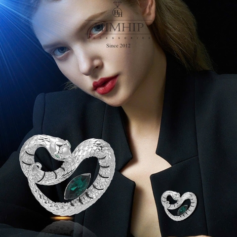 Trâm, Ghim Cài Áo Nam Nữ HimHip Rắn Trái Tim Sang Trọng HKCC Đính Phale Xanh 3,5*4,5cm