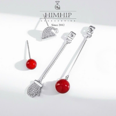 [Noel] Khuyên Tai Dài Himhip Set Mũ Găng Tay Đáng Yêu HKCC Đính Phale, Hạt Giả Trai Đỏ 4x0.8cm