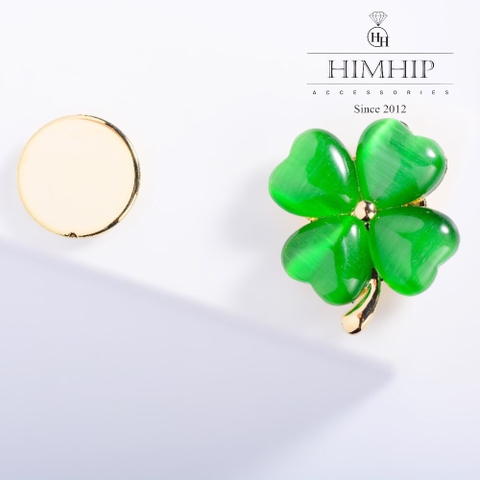 Pin Cài Tự Hít HimHip Cỏ 4 Lá Nhỏ May Mắn HKCC Đính Đá 2x2.5cm
