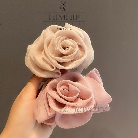 Kẹp Càng Cua HimHip Phối Vải Voan Hình Hoa Hồng Sang Trọng 11x6cm Lõi 14 Răng 8x3cm