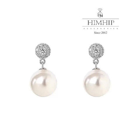 Khuyên Tai Ngắn HimHip Dáng Thả Sang Trọng HKCC Đính Phale, Tinh Thể Ngọc Trai 0.9x2.2cm