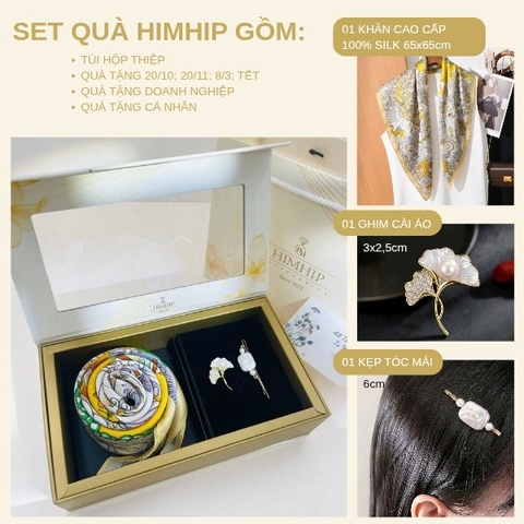 Set Quà HimHip Khăn Lụa Cao Cấp 65x65cm & Cài Áo, Kẹp Mái Kèm Túi Hộp Thiệp - 1371