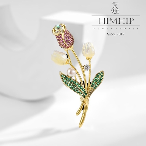 Trâm, Ghim Cài Áo HimHip Cành Hoa Tulip Thanh Lịch HKCC Đính Phale 2,5*5,8cm