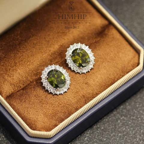 Khuyên Tai Nụ HimHip Hình Oval Xanh Cổ Điển HKCC Đính Phale 1.8x1.5cm