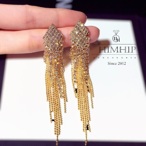 Khuyên Tai Dài HimHip Mặt Hình Thoi Tua Rua Sang Trọng HKCC Đính Phale 1.5x8.5cm