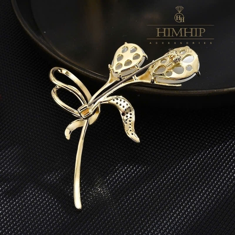 Trâm, Ghim Cài Áo HimHip HKCC Hoa Đá Mắt Mèo Phối Lá Phale Lấp Lánh 7*3.9cm