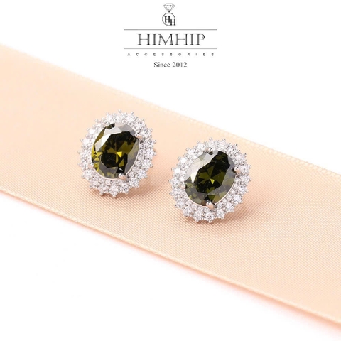 Khuyên Tai Nụ HimHip Hình Oval Xanh Cổ Điển HKCC Đính Phale 1.8x1.5cm