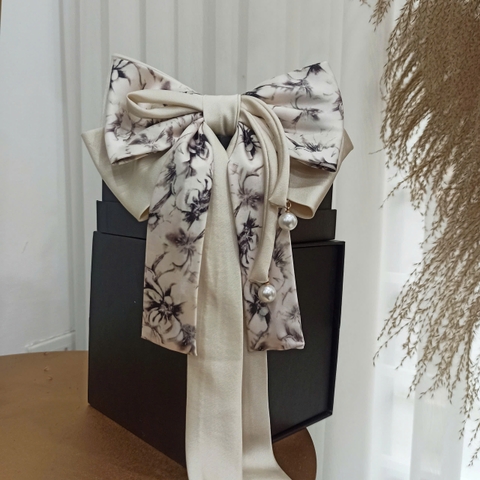 Kẹp Bấm HimHip Nơ To Họa Tiết Hoa Loang Mix Hạt Giả Trai Tiểu Thư 19x30cm