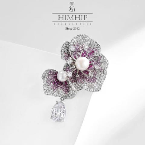 Trâm, Ghim Cài Áo HimHip HKCC Lan Hồ Điệp Nụ Trai Thật Phối Giọt Phale 5*3.3cm