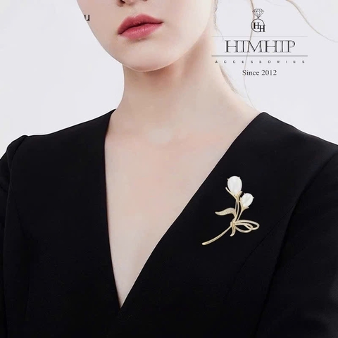 Trâm, Ghim Cài Áo HimHip HKCC Hoa Đá Mắt Mèo Phối Lá Phale Lấp Lánh 7*3.9cm