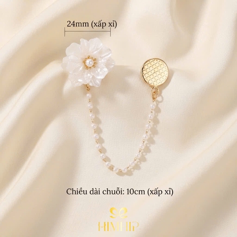Pin Cài Tự Hít HimHip Hoa Cúc Trắng 2.4cm Phối Dây Xích Đôi 11cm