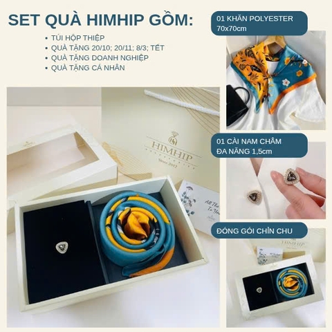 Set Quà HimHip Khăn Lụa 70x70cm & Pin Cài Tự Hít Kèm Túi Hộp Thiệp - 1302