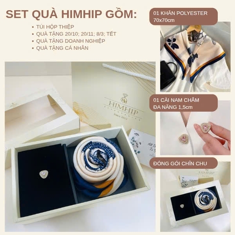 Set Quà HimHip Khăn Lụa 70x70cm & Pin Cài Tự Hít Kèm Túi Hộp Thiệp - 1303