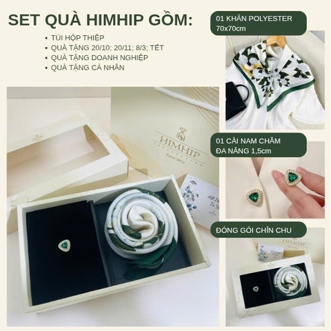 Set Quà HimHip Khăn Lụa 70x70cm & Pin Cài Tự Hít Kèm Túi Hộp Thiệp - 1301