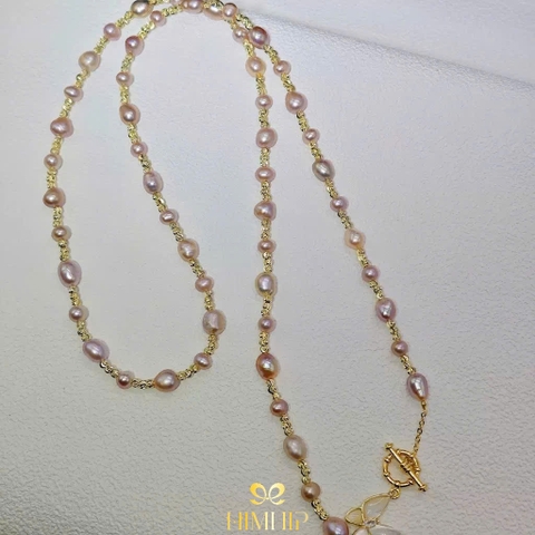 Vòng Cổ HimHip Hồng Dị Châu 5~8li Khóa Charm Hồ Điệp Khảm Trai 66cm