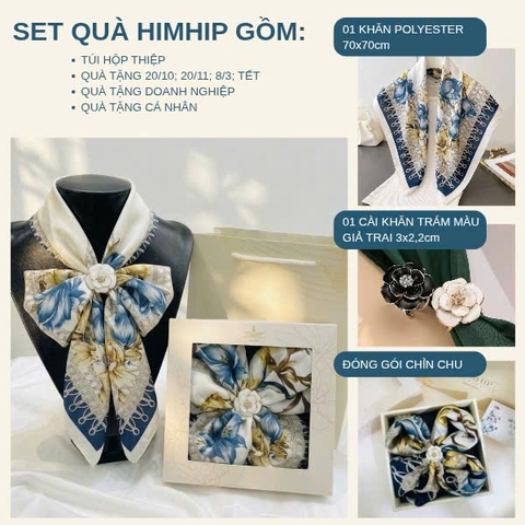 Set Quà 20/10 HimHip Khăn Lụa 70x70cm & Cài Khăn Kèm Túi Hộp Thiệp - 1394