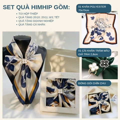 Set Quà 20/10 HimHip Khăn Lụa 70x70cm & Cài Khăn Kèm Túi Hộp Thiệp - 1396