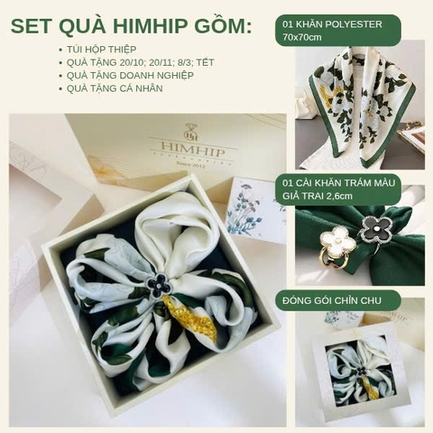 Set Quà 20/10 HimHip Khăn Lụa 70x70cm & Cài Khăn Kèm Túi Hộp Thiệp - 1390